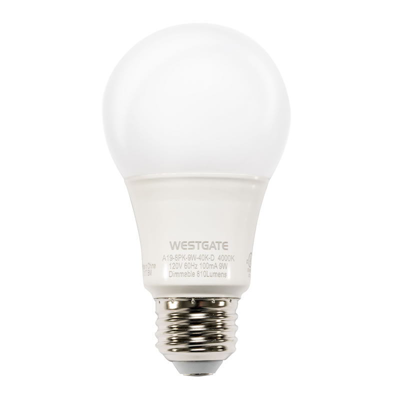 Westgate A19-8PK-9W-30K-D 9W A19 LED 3000K 120V (8-Pack)