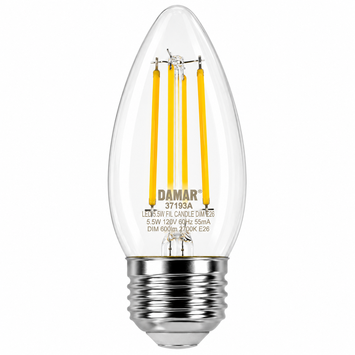 DAMAR 37192A LED5.5W/ETC/FIL/4K/DIM 5.5W B11 ETC Filament LED Light Bulb 4000K Dimmable E26 Base 120V