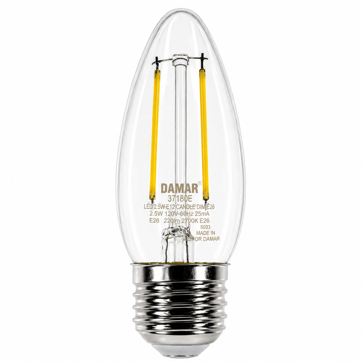 DAMAR 37190A LED2.5W/ETC/FIL/5K/DIM 2.5W B11 ETC Filament LED Light Bulb 5000K Dimmable E26 Base 120V