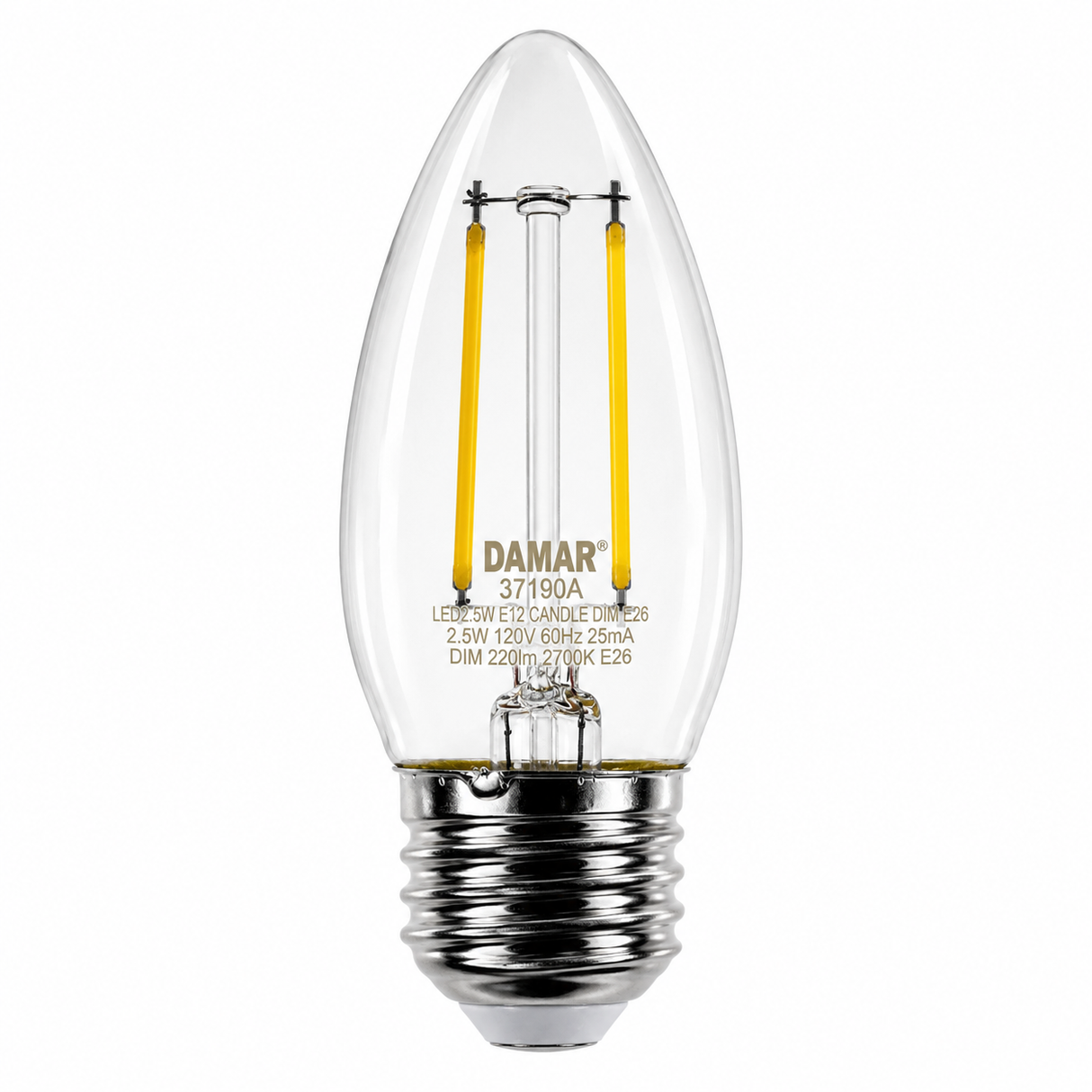 DAMAR 37189A LED2.5W/ETC/FIL/4K/DIM 2.5W B11 ETC Filament LED Light Bulb 4000K Dimmable E26 Base 120V