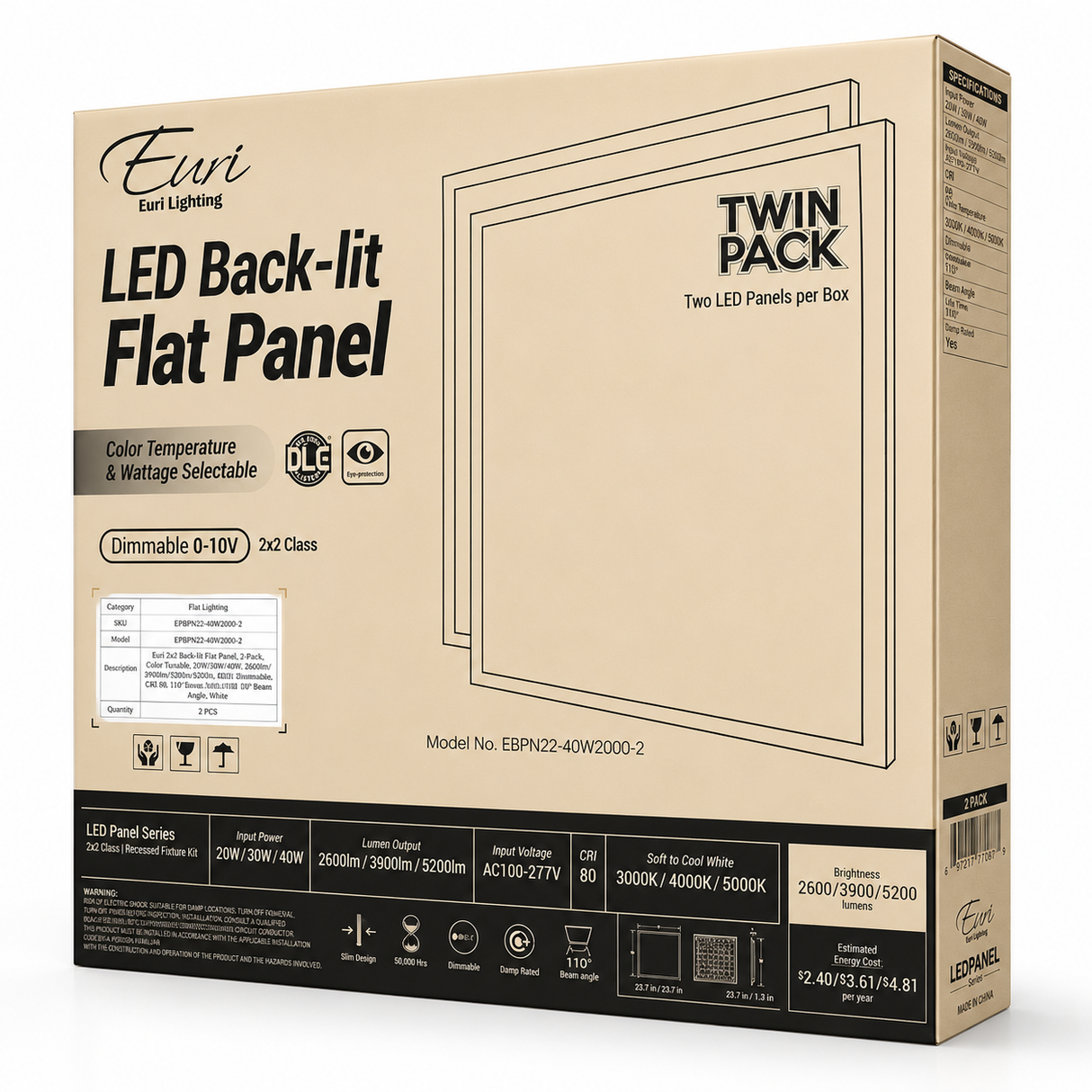 Euri EBPN22-40WS2000-2 20W/30W/40W 2x2-Ft Backlit LED Panel 3000K/4000K/5000K 100-277V