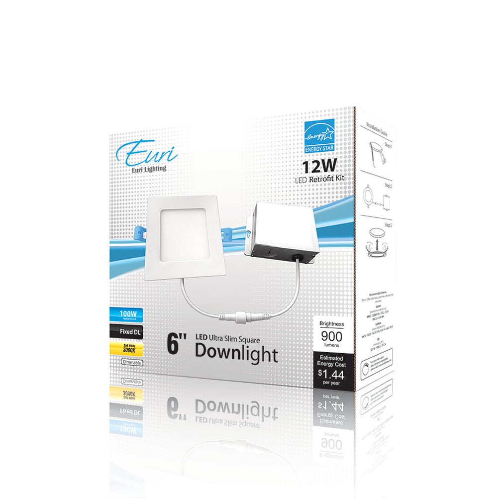 Euri Lighting DLC6SQ-2000e 12 Watt LED 6" Ultra Slim Square Downlight 3000K 120V