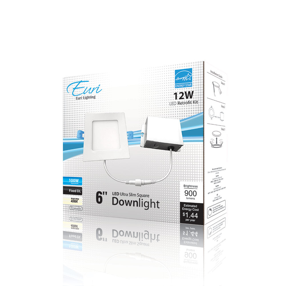 Euri Lighting DLC6SQ-2040e 12 Watt LED 6" Ultra Slim Square Downlight 4000K 120V