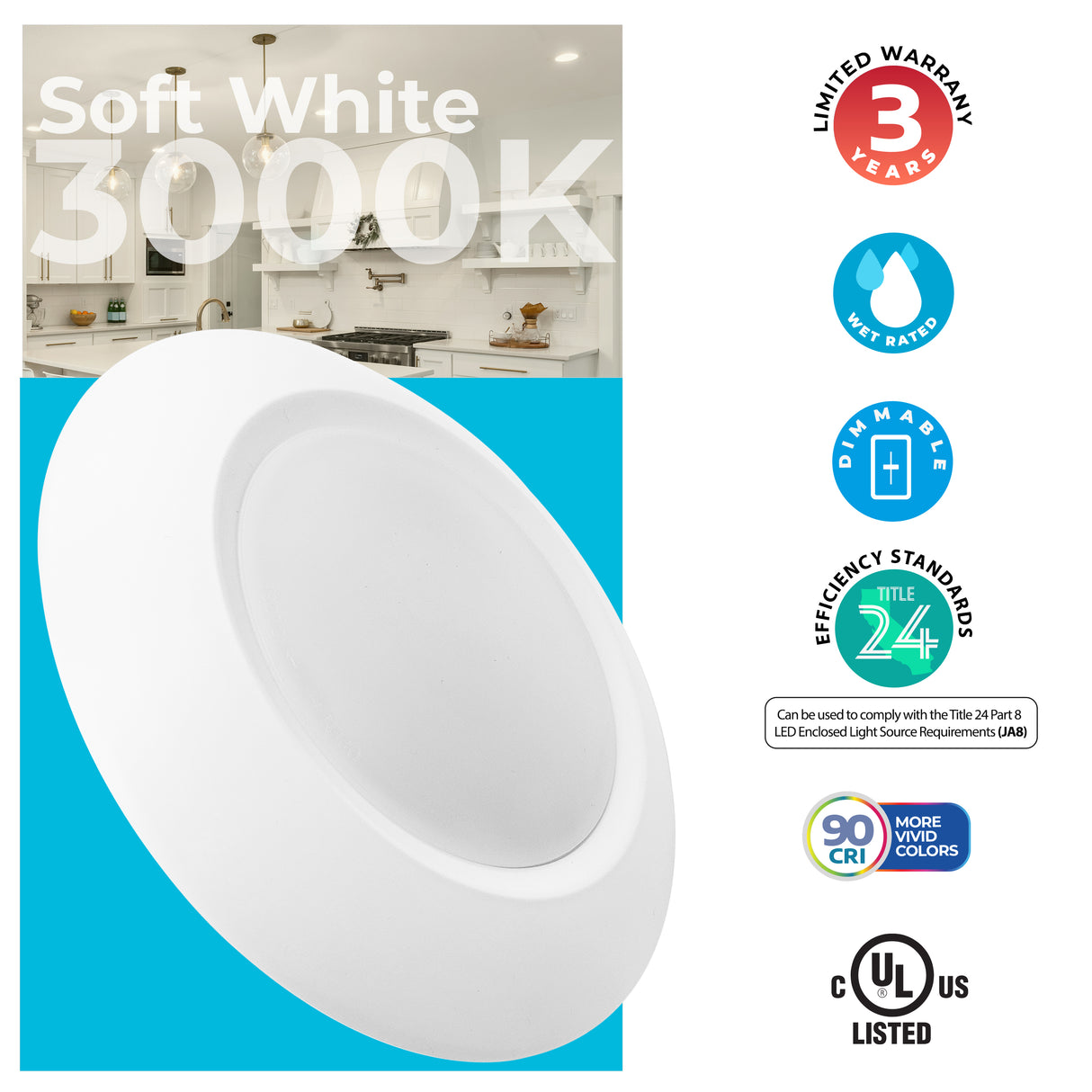 Bulbrite 862898 14W LED 7" ROUND DISC LIGHT 3000K WHITE ALUMINUM WITH PIGTAIL-6PK