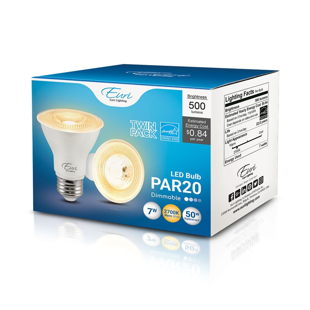 Euri Lighting EP20-7W6020e-2 7 Watt PAR20 LED Flood 2700K 120V (2-Pack)