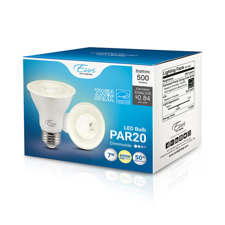 Euri Lighting EP20-7W6040e-2 7 Watt PAR20 LED Flood 4000K 120V (2-Pack)