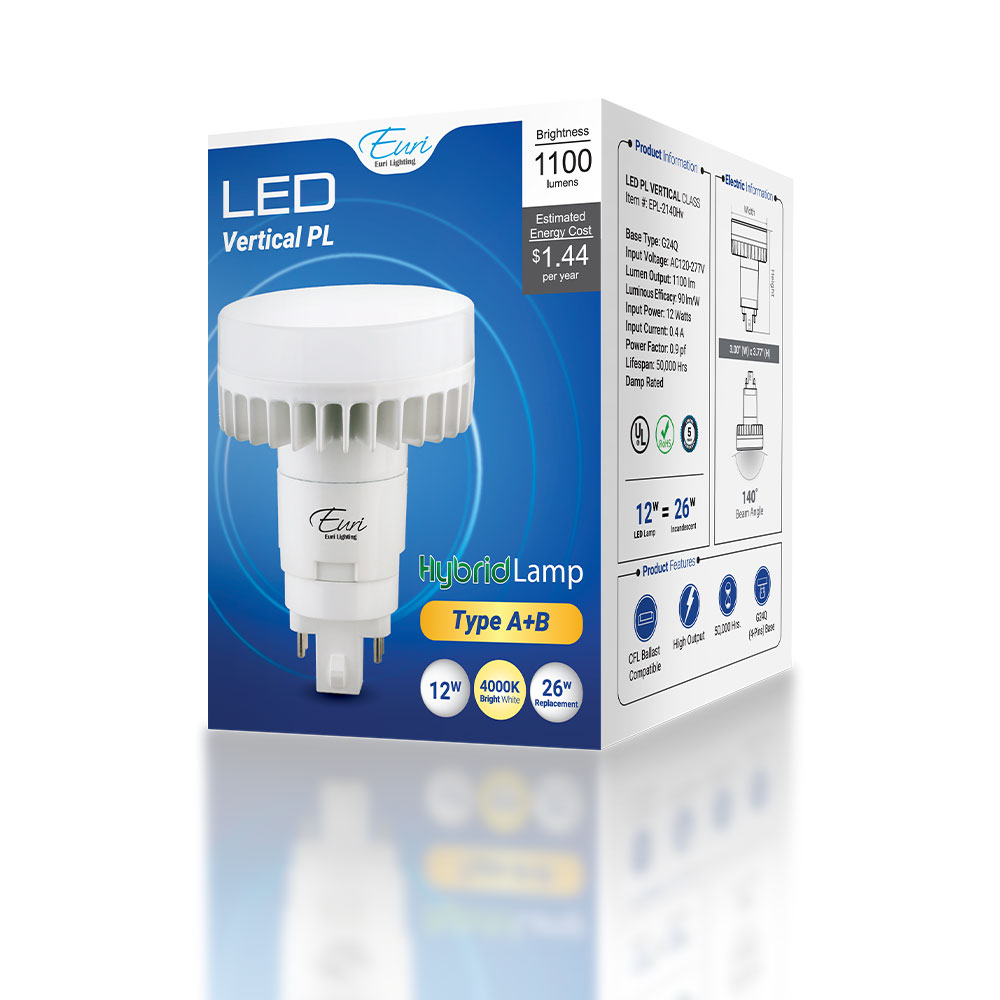 Euri Lighting EPL-2140Hv 12 Watt LED PL Retrofit Lamp 4000K Type A+B Hybrid G24Q 120-277V