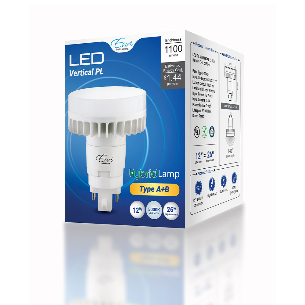 Euri Lighting EPL-2150Hv 12 Watt LED PL Retrofit Lamp 5000K Type A+B Hybrid G24Q 120-277V