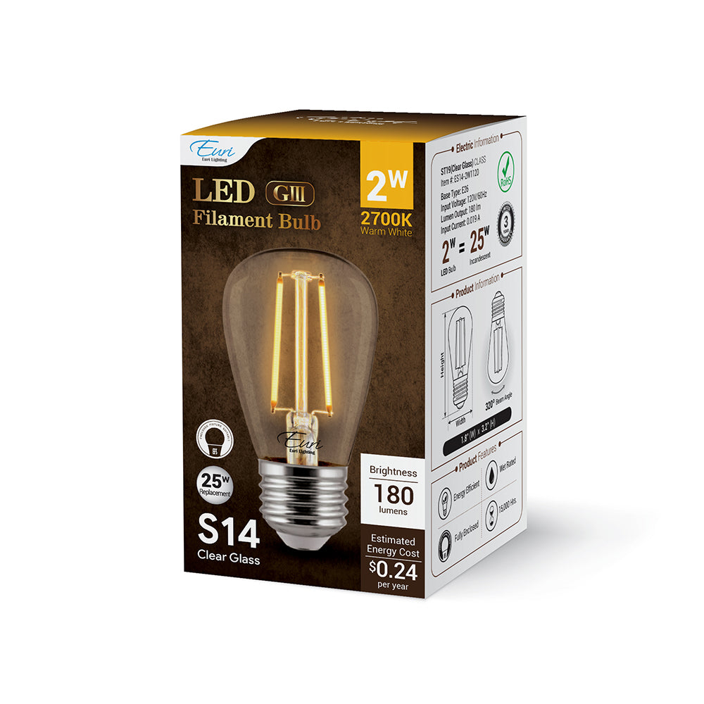 Euri Lighting ES14-2W1120 2 Watt S14 Filament LED 2700K 120V