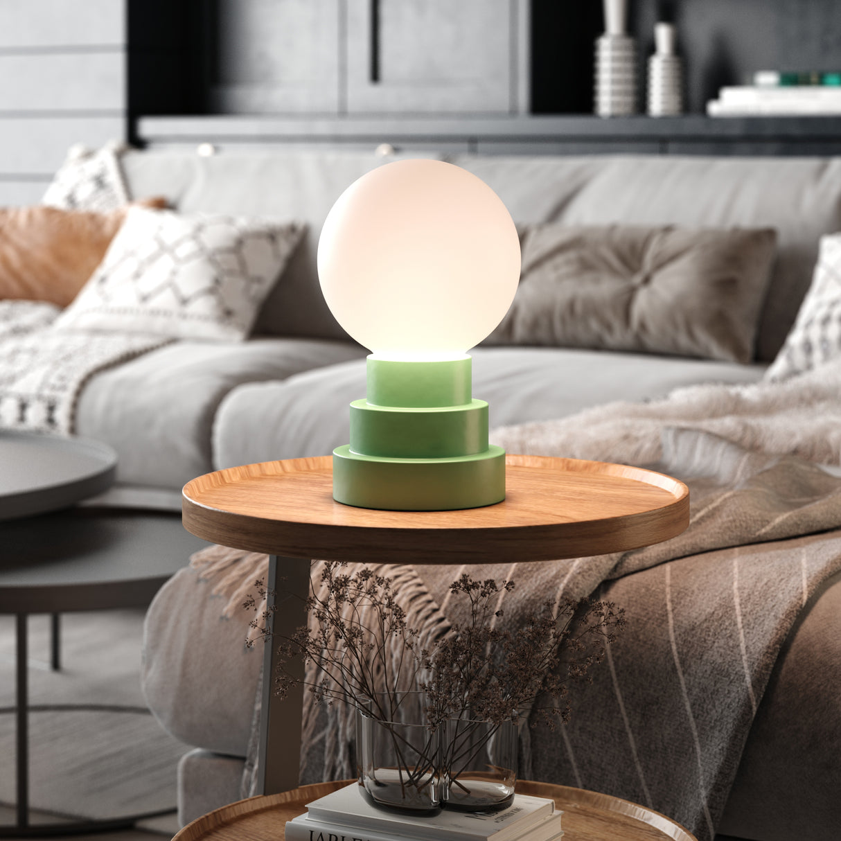Kibun K70200 GLOBE Rechargeable Cordless LED Table Lamp, 3-Levels Brightness Touch Sensor Control, Moss