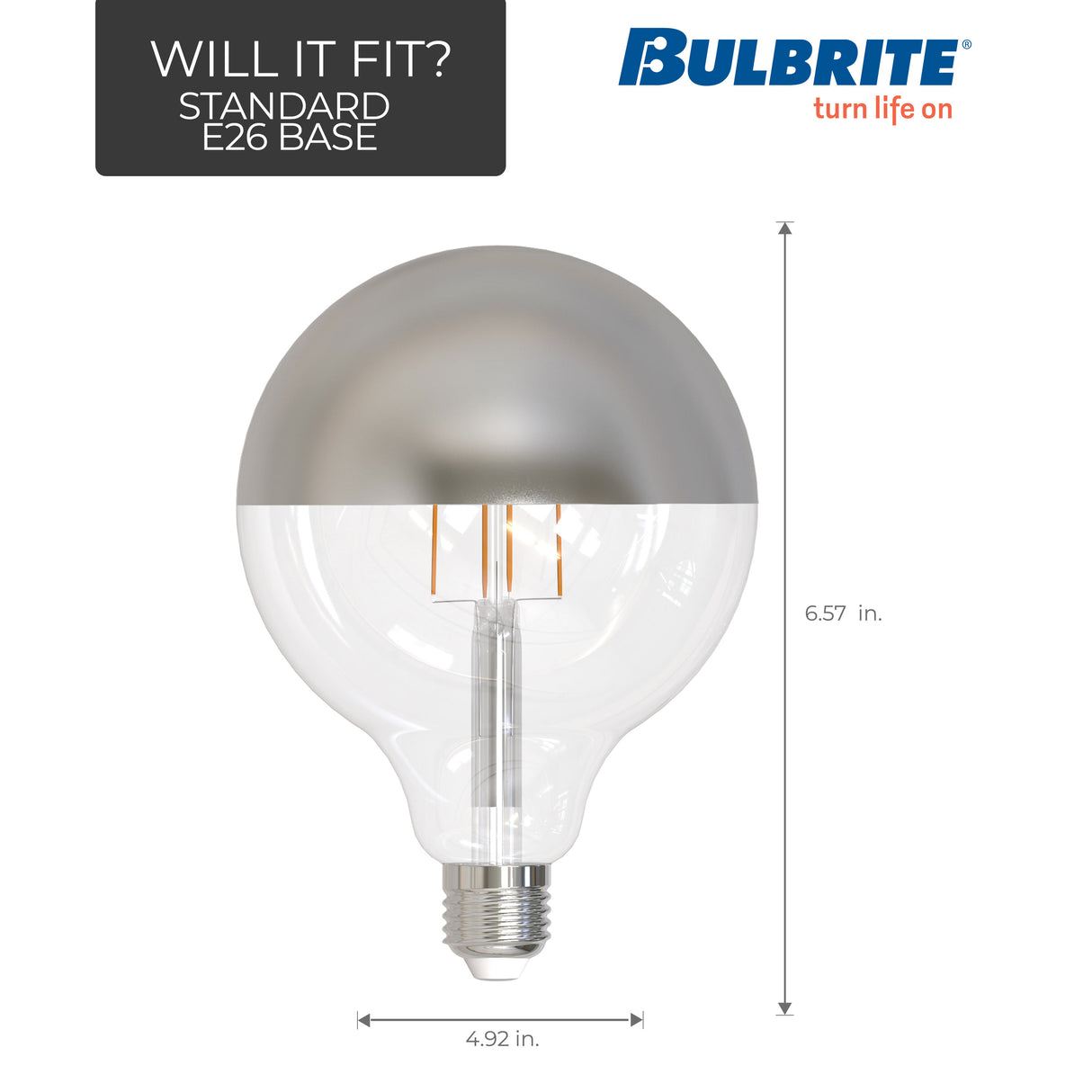 Bulbrite 862880 Bulbrite LED Filament Pack of (4) 6 Watt Dimmable G40 Light Bulbs with a Half Mirror Finish and Medium (E26) Base - 2700K (Warm White Light), 500 Lumens