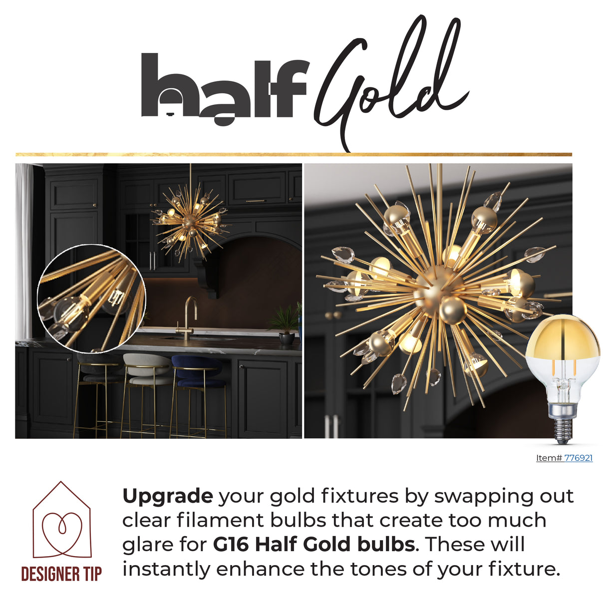 Bulbrite 862840 Bulbrite LED Filament Pack of (4) 5 Watt Dimmable A19 Light Bulb with Half Gold Glass Finish and Medium (E26) Base - 2700K (Warm White Light), 400 Lumens