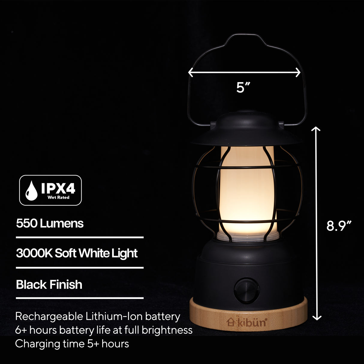 Kibun K80101 S'mores Cordless LED Outdoor Table Lamp with Dimmer, Built-in Rechargeable Battery, 3-Level Brightness with Power Bank, Black