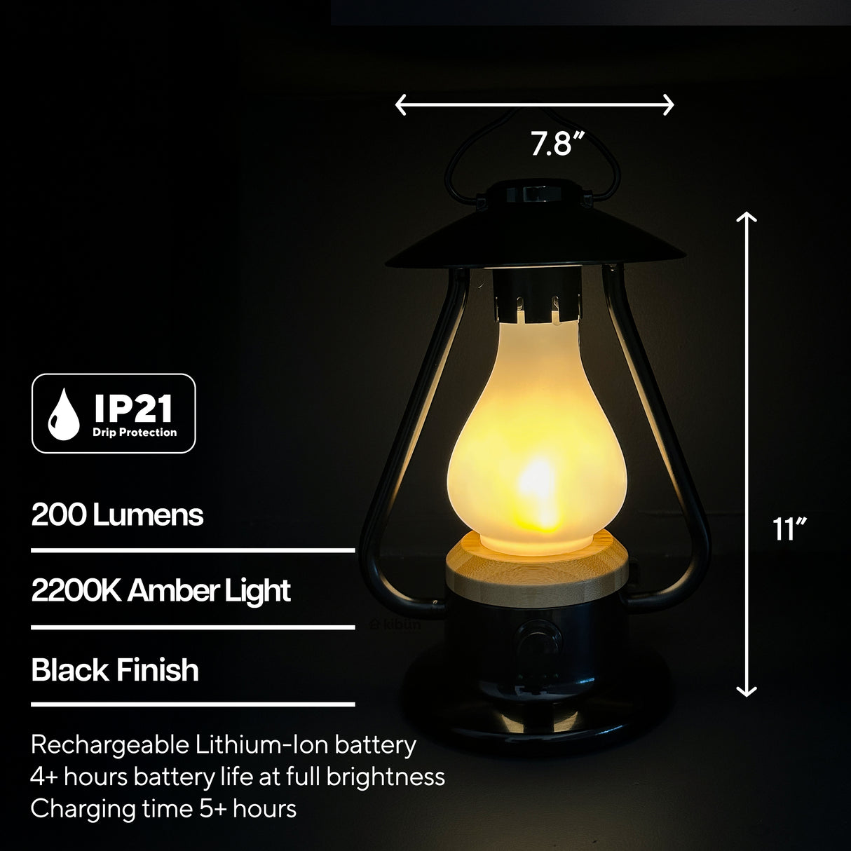 Kibun K80120 Bonfire Cordless LED Outdoor Table Lamp with Dimmer, Built-in Rechargeable Battery, 3-Level Brightness with Power Bank, Black