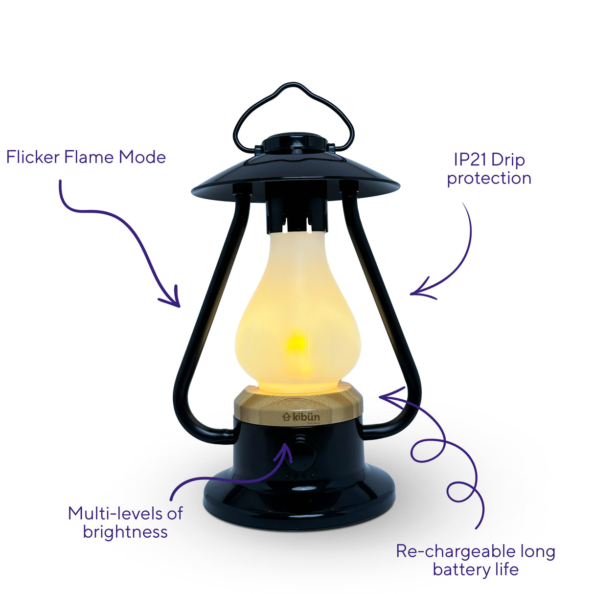 Kibun K80120 Bonfire Cordless LED Outdoor Table Lamp with Dimmer, Built-in Rechargeable Battery, 3-Level Brightness with Power Bank, Black