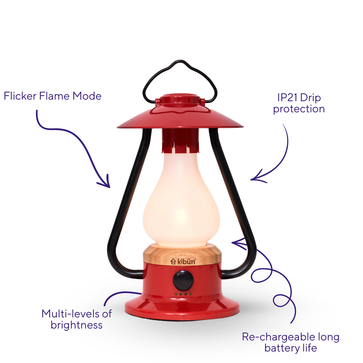 Kibun K80121 Bonfire Cordless LED Outdoor Table Lamp with Dimmer, Built-in Rechargeable Battery, 3-Level Brightness with Power Bank, Red
