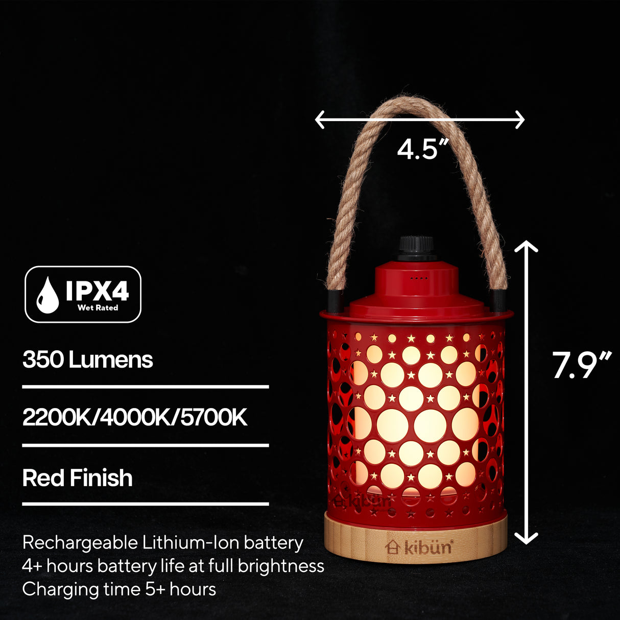 Kibun K80141 Stargaze Cordless LED Outdoor Table Lamp with Dimmer, Built-in Rechargeable Battery, 3-Level Brightness with Dual Power Source, Red