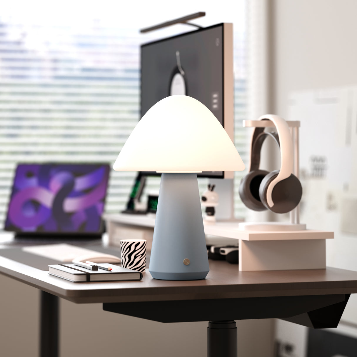 Kibun K70601 MUSHROOM Rechargeable Cordless LED Table Lamp, 3-Levels Brightness Touch Sensor Control, Stone Blue