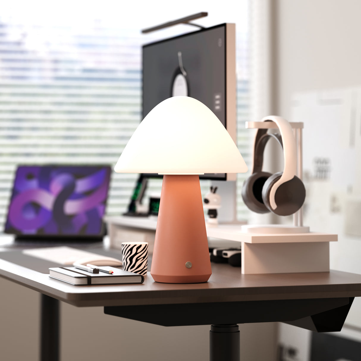 Kibun K70602 MUSHROOM Rechargeable Cordless LED Table Lamp, 3-Levels Brightness Touch Sensor Control, Terracotta
