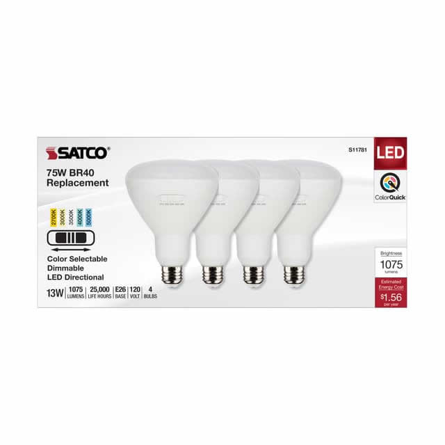 Satco S11781 13BR40/LED/5CCT/E26/120V/4PK 13W BR40 LED Flood 100° 27K/30K/35K/40K/50K Dimmable 90+CRI E26 120V (4-Pack)
