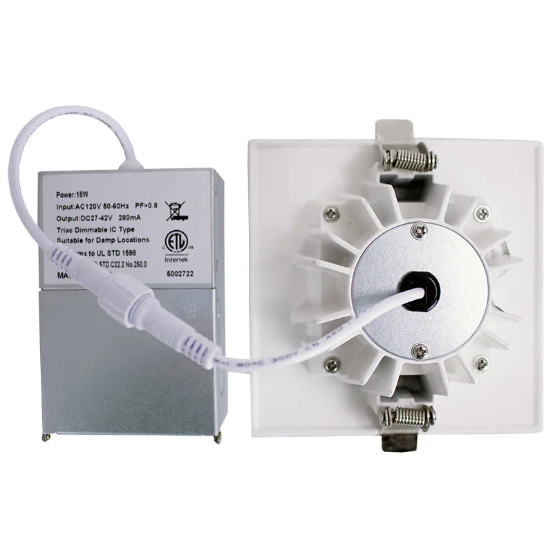 Westgate SDL4S-SB-MCT5-WH 15W 4" LED Square Canless Baffle/Smooth Recessed Light White Finish 27K/30K/35K/40K/50K 120V