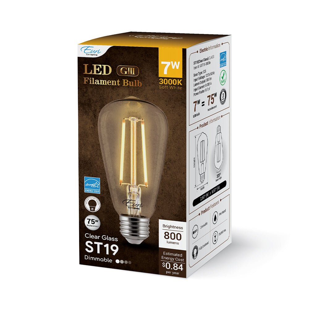 Euri Lighting VST19-3000e 7 Watt ST19 Filament LED 3000K 120V