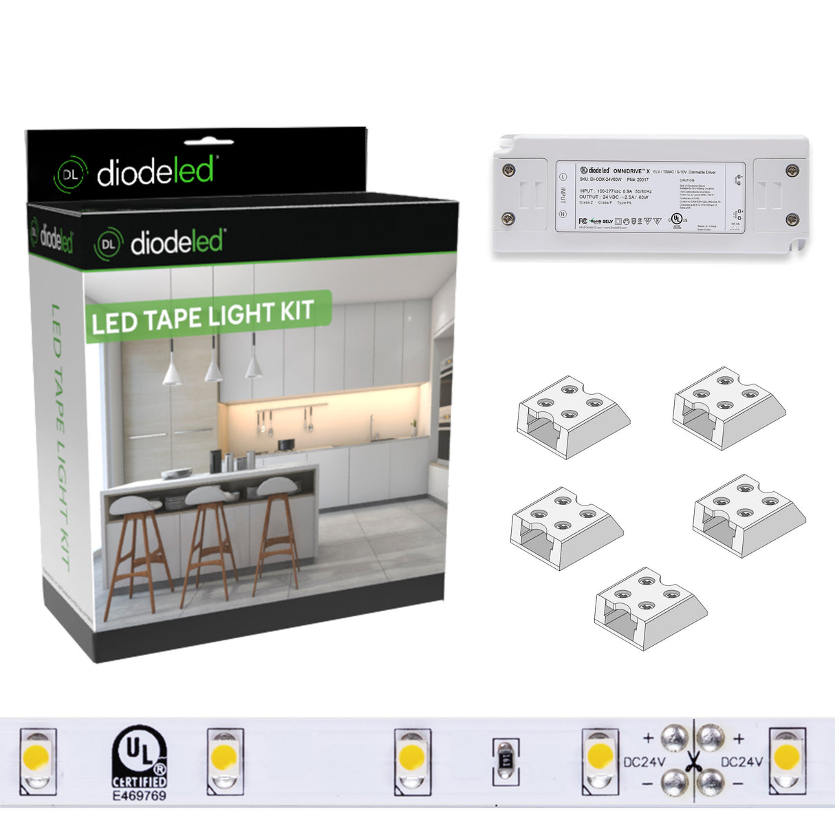 Diode LED DI-KIT-24V-BC1OM30-3000 16.4ft Blaze 100+ Lumen Per Ft LED Tape Light Kit 3000K 24V