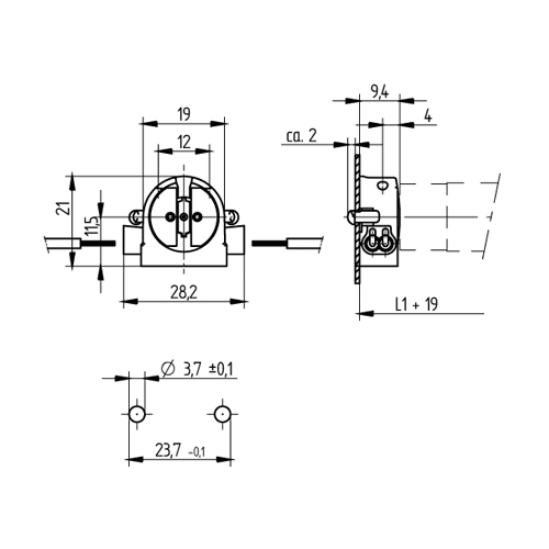 LH0956 Unshunted, rotary locking, T5 miniature bipin socket with rear split pin mounting