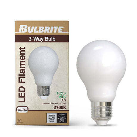 Bulbrite 862988 4.5/7/11W (40/60/75W Equiv.) Warm White (2700K) A19 E26 Base 3-Way LED Light Bulb-2PK
