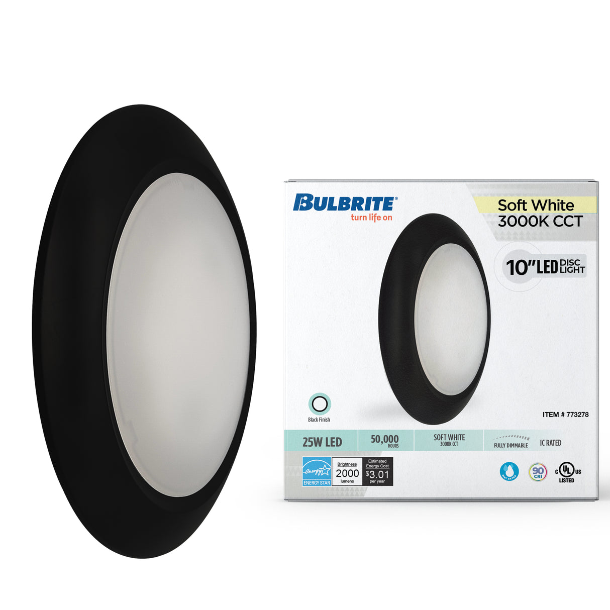 Bulbrite 773278 Bulbrite 25-Watt LED 10" Disc, 3000K, 2000 Lumens, Black Finish