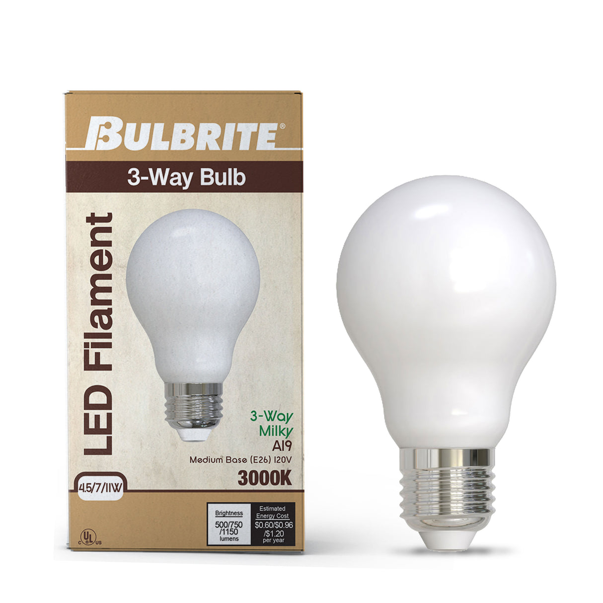 Bulbrite 862989 4.5/7/11W (40/60/75W Equiv.) Soft White (2700K) A19 E26 Base 3-Way LED Light Bulb-2PK