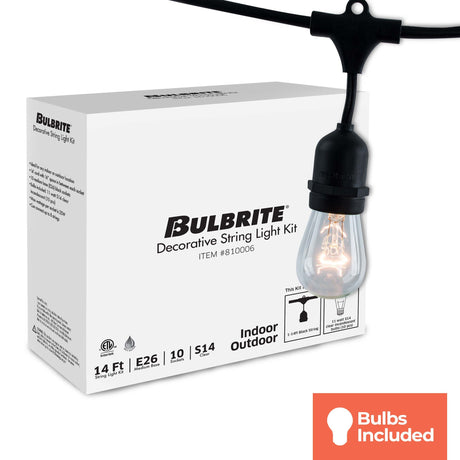 Bulbrite 810006 Bulbrite 14 ft, 10-Socket Decorative Kit with Clear Incandescent STRING10/E26/BLACK-S14KT Indoor and Outdoor String Lights, Foot, Black