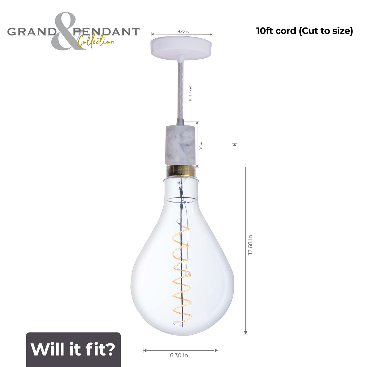 Bulbrite 810174 4W LED PEAR SHAPED GRAND 2200K FILAMENT W/ WHITE MARBLE PENDANT WITH WHITE STRING