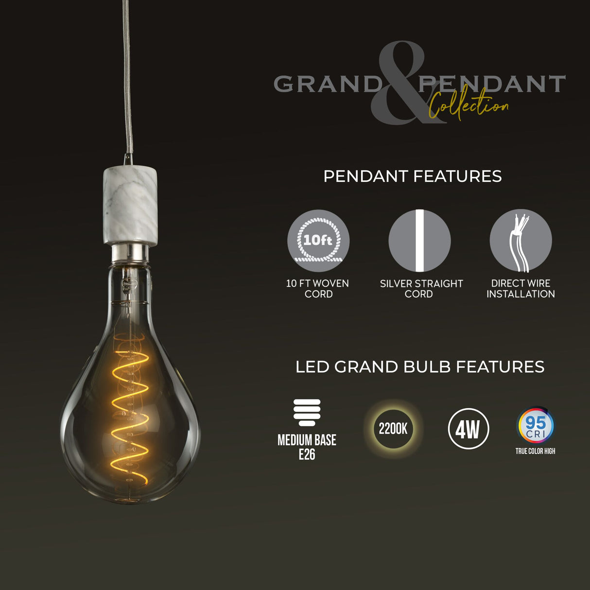 Bulbrite 810174 4W LED PEAR SHAPED GRAND 2200K FILAMENT W/ WHITE MARBLE PENDANT WITH WHITE STRING