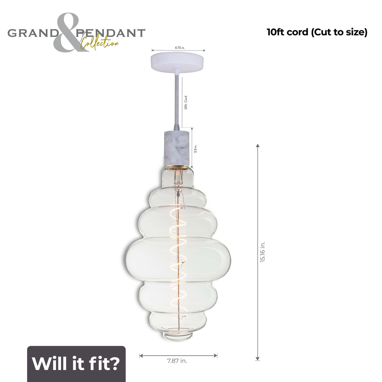 Bulbrite 810176 4W LED BEEHIVE SHAPED GRAND 2200K FILAMENT W/ WHITE MARBLE PENDANT WITH WHITE STRING
