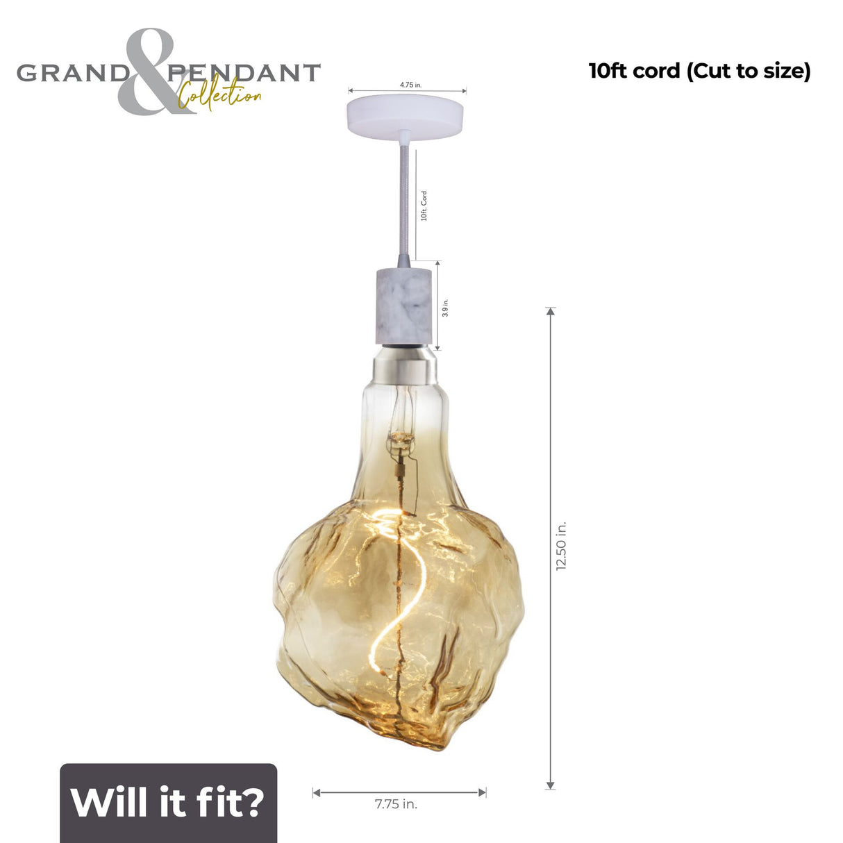 Bulbrite 810178 4W LED GLACIER NATURAL GRAND 2200K FILAMENT W/ WHITE MARBLE PENDANT WITH WHITE STRING