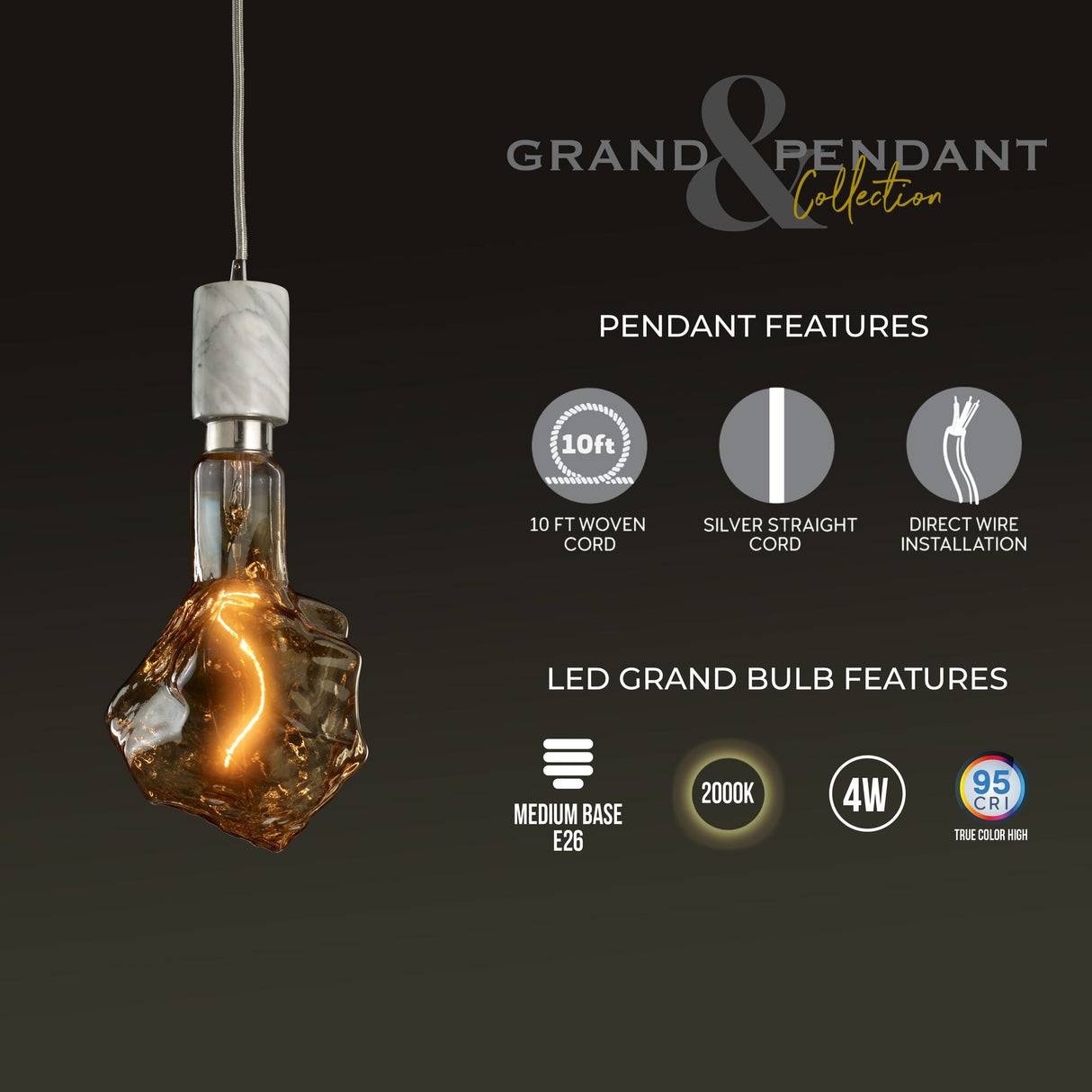 Bulbrite 810178 4W LED GLACIER NATURAL GRAND 2200K FILAMENT W/ WHITE MARBLE PENDANT WITH WHITE STRING