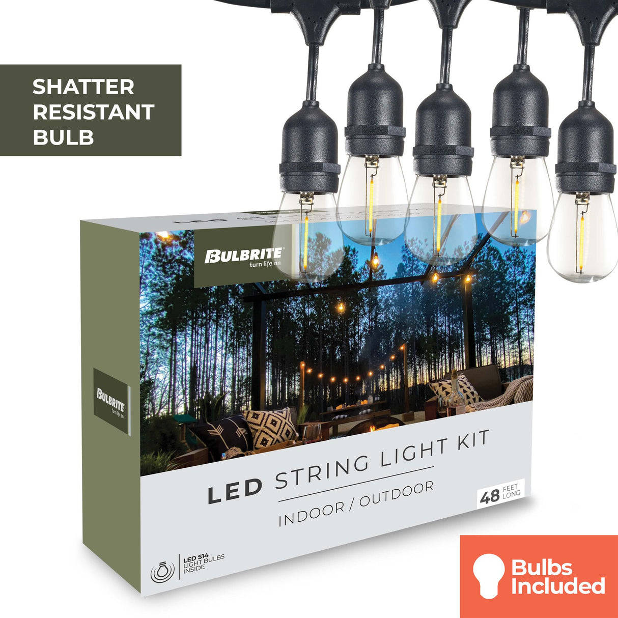 Bulbrite 862821 Bulbrite 48-foot String Light Kit with Clear Shatter Resistant Vintage Style S14 LED Light Bulbs-2PK