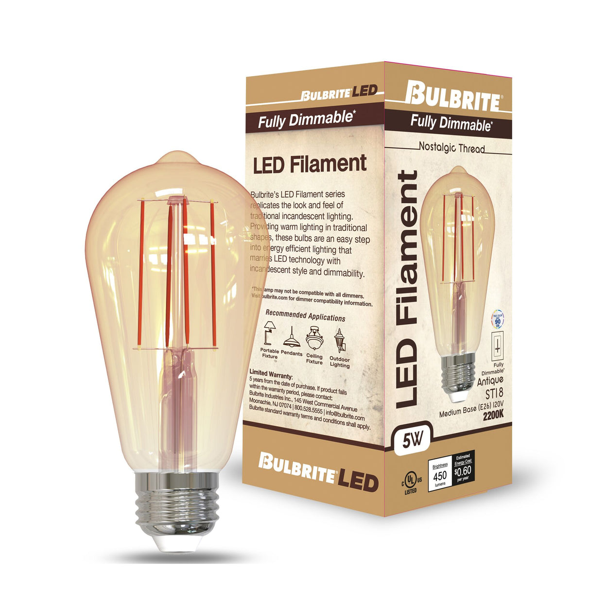 Bulbrite 860992 Bulbrite Pack of (2) 5 Watt Dimmable Antique Filament ST18 Medium (E26) LED Bulb - 2200K and 80 CRI