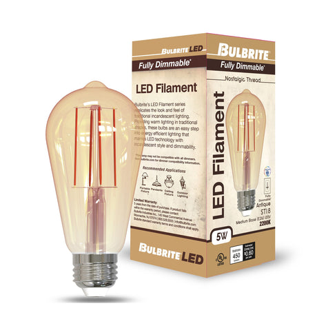 Bulbrite 860992 Bulbrite Pack of (2) 5 Watt Dimmable Antique Filament ST18 Medium (E26) LED Bulb - 2200K and 80 CRI