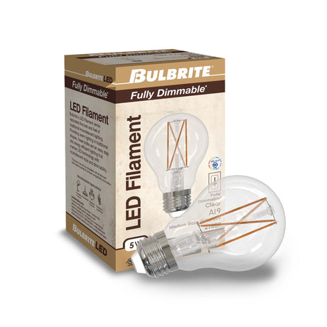Bulbrite 860997 Bulbrite Pack of (2) 5 Watt Dimmable Clear Filament A19 Medium (E26) LED Bulb - 450 Lumens, 2700K, and 90 CRI