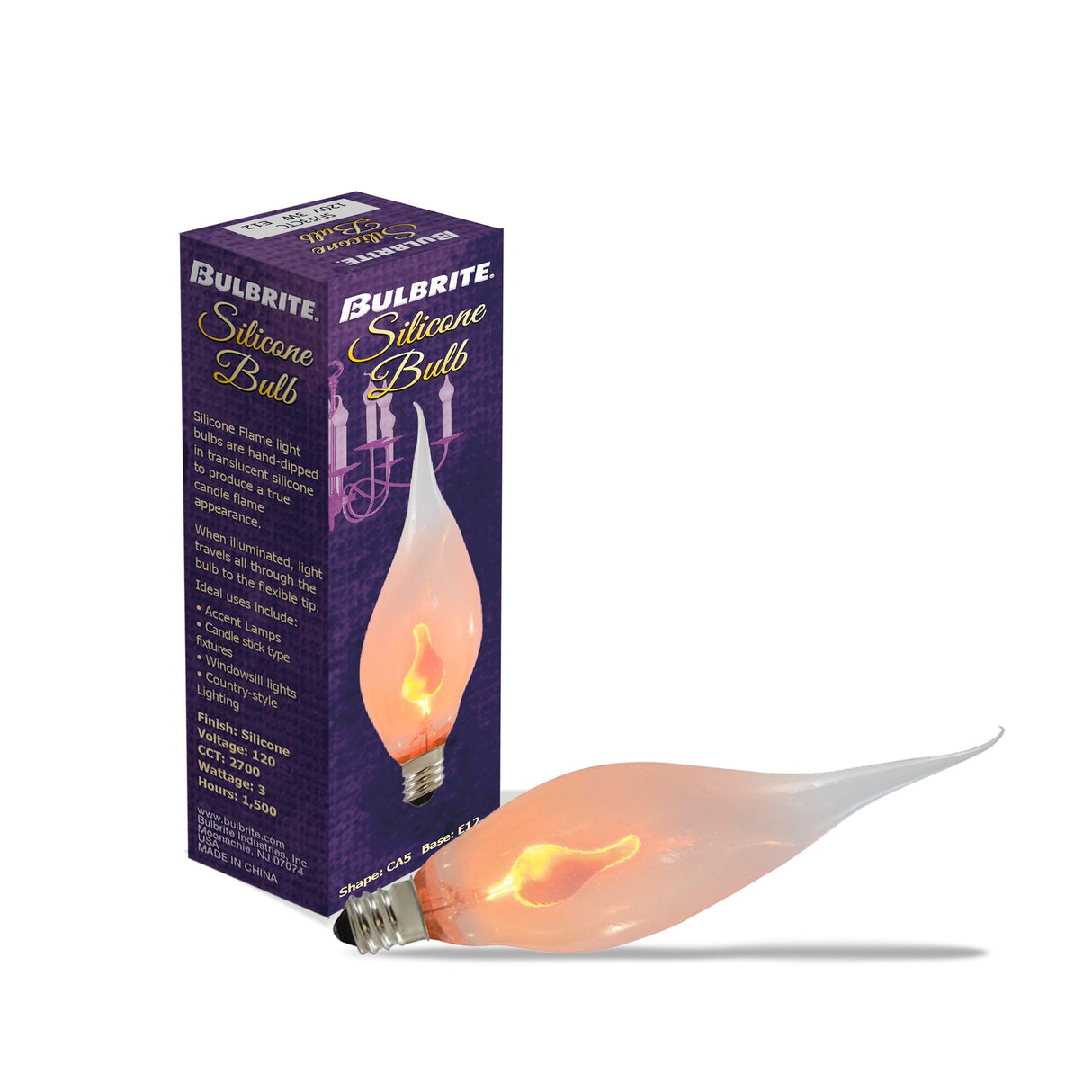 Bulbrite 861258 Bulbrite Incandescent CA5 Candelabra Screw Base (E12) Light Bulb, 3 Watt, Silicone Flame Shaped