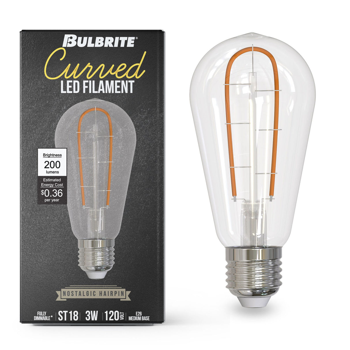 Bulbrite 861404 Bulbrite Curved LED Filament 4 Watt Dimmable Nostalgic Hairpin Filament ST18 Light Bulbs with Standard (E26) Base, Pack of 2