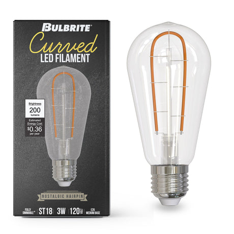 Bulbrite 861404 Bulbrite Curved LED Filament 4 Watt Dimmable Nostalgic Hairpin Filament ST18 Light Bulbs with Standard (E26) Base, Pack of 2