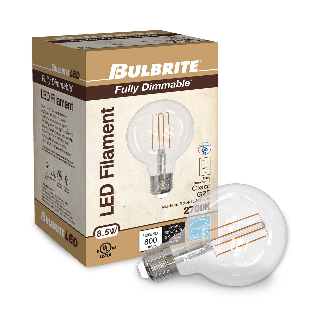 Bulbrite 861406 Bulbrite Pack of (4) 8.5 Watt Dimmable Clear Filament G25 Medium (E26) LED Bulb - 800 Lumens, 2700K, and 90 CRI