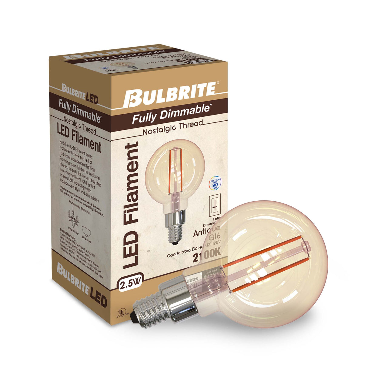 Bulbrite 861409 Bulbrite Pack of (3) LED Filament G16 Nostalgic Thread Edison Light Bulb, 25 Watt Equivalent, 2100K, Antique Glass Finish