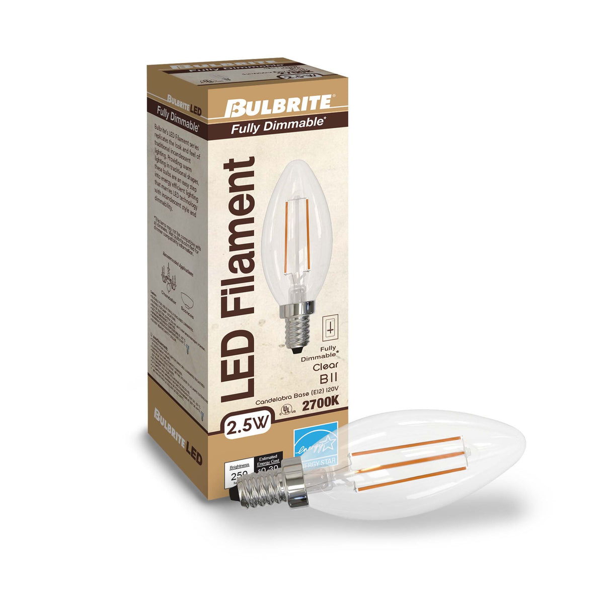 Bulbrite 861412 Bulbrite LED Filament B11 Dimmable Candelabra Screw Base (E12) Light Bulb 25 Watt Equivalent 2700K, Clear 4-Pack