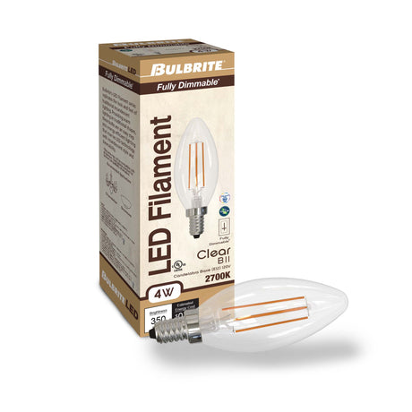 Bulbrite 861413 Bulbrite Pack of (4) 4 Watt Dimmable Clear Filament B11 Candelabra (E12) LED Light Bulb - 350 Lumens, 2700K