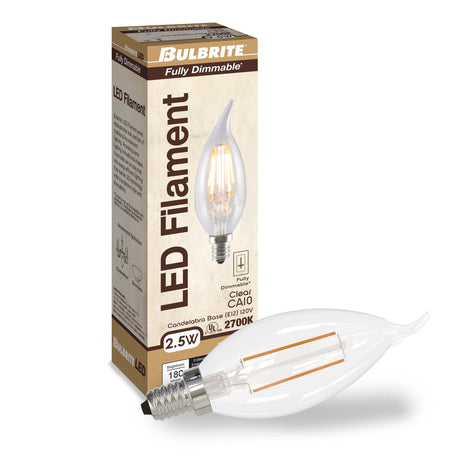 Bulbrite 861414 Bulbrite LED Filament CA10 Dimmable Candelabra Screw Base (E12) Light Bulb 25 Watt Equivalent 2700K, Clear 4-Pack