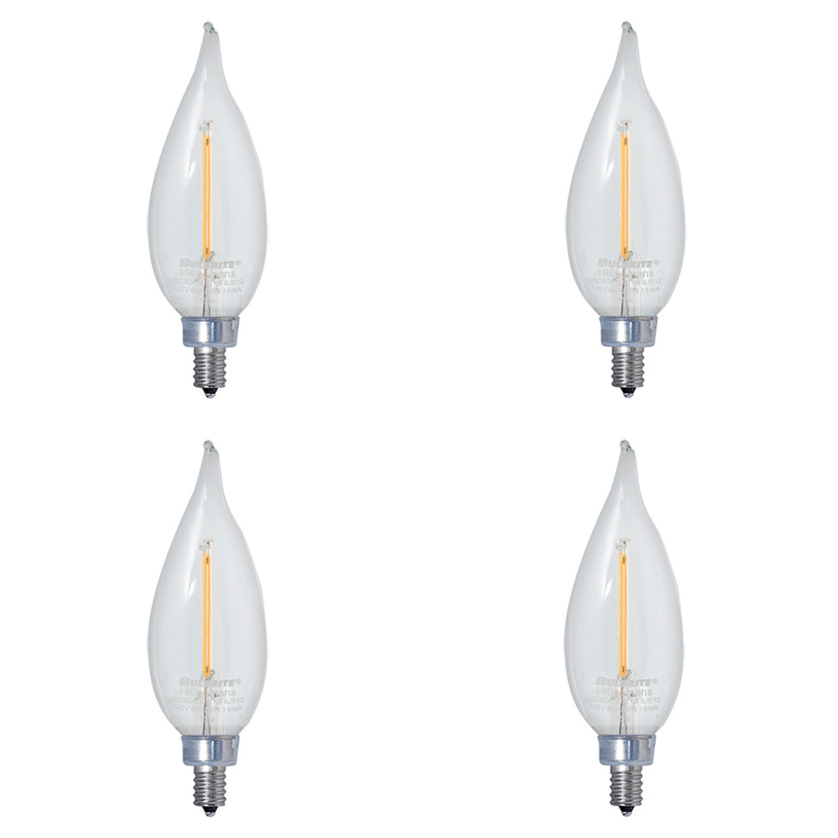 Bulbrite 861420 Bulbrite Pack of (4) 4.5 Watt Dimmable Clear Filament CA10 Candelabra (E12) LED Bulb - 350 Lumens, 3000K, and 90 CRI